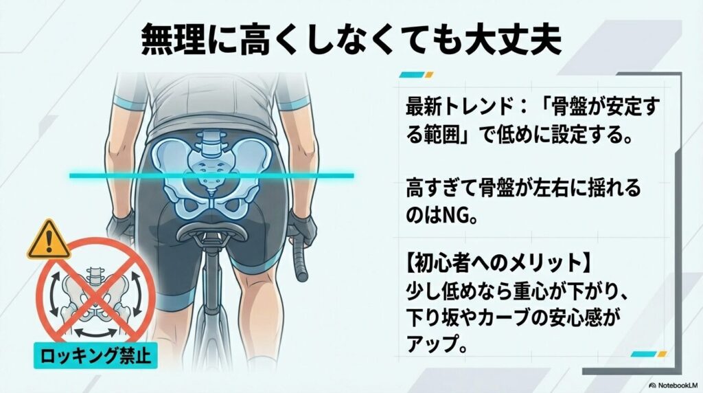 骨盤が左右に揺れるロッキングを防ぎ、安定する範囲で少し低めに設定するメリットの解説
