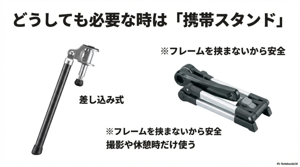 折りたたみ式の携帯スタンドと、クランク軸に差し込むタイプの携帯スタンドの製品イメージ。