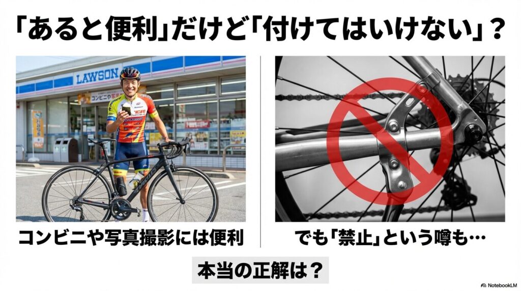 コンビニ（ローソン）の前に立つサイクリストと、フレームに装着されたスタンドに禁止マークがついた比較画像。