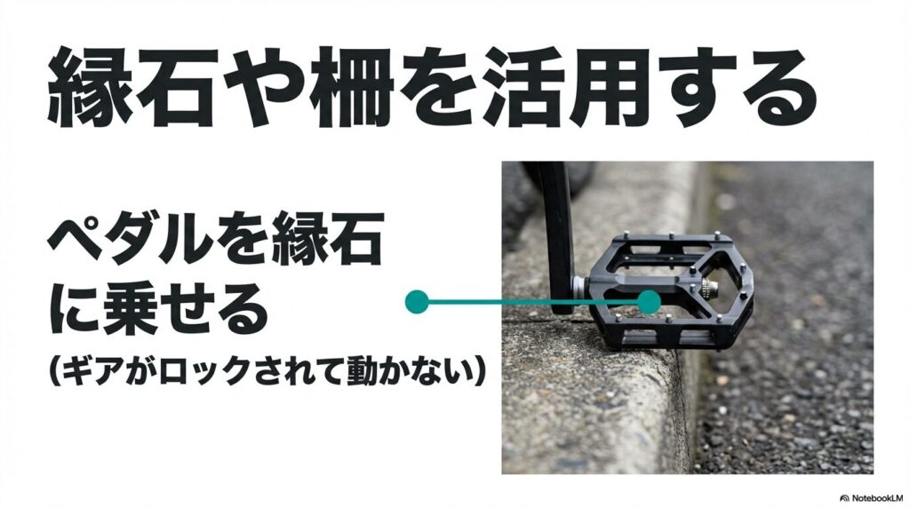 ロードバイクの左側ペダルを縁石に乗せて、スタンドなしで自立させている足元のアップ写真。