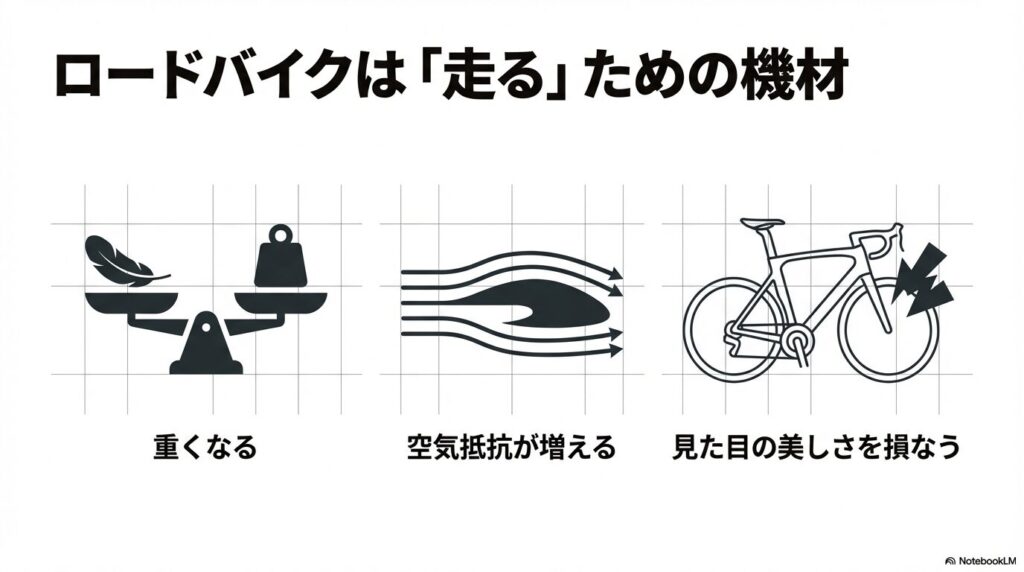 天秤、空気の流れ、ロードバイクのシルエットのアイコン。重量増加、空気抵抗、美観の低下を説明。