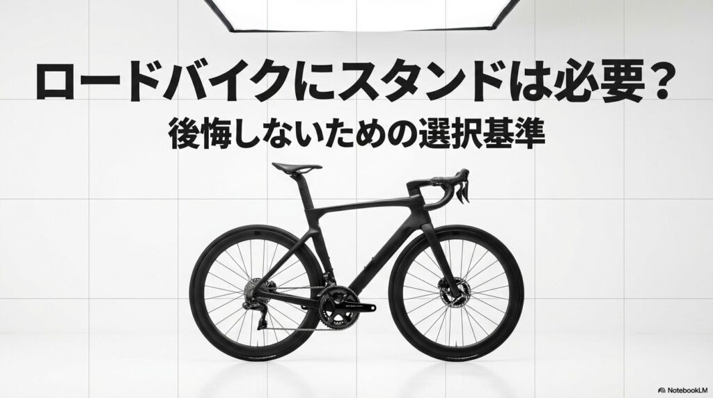 ロードバイクの駐輪スタンドが必要かどうかを問うタイトルスライド。背景にロードバイクのイラスト。