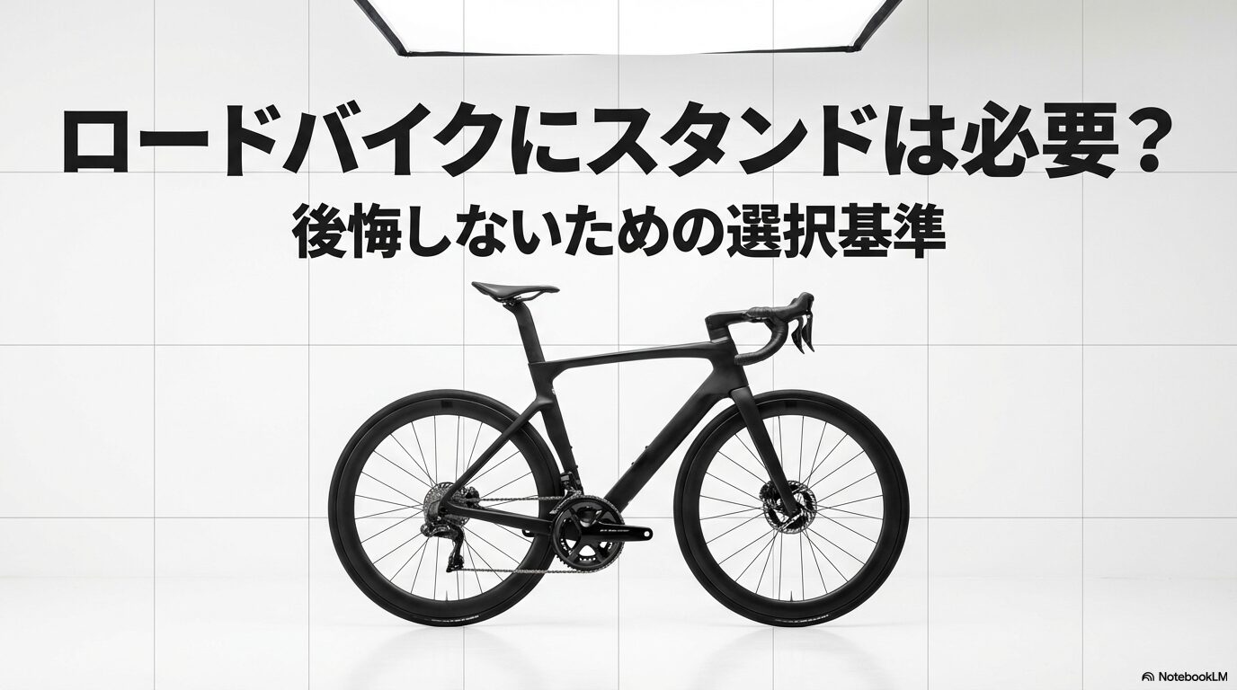 ロードバイクの駐輪スタンドが必要かどうかを問うタイトルスライド。背景にロードバイクのイラスト。
