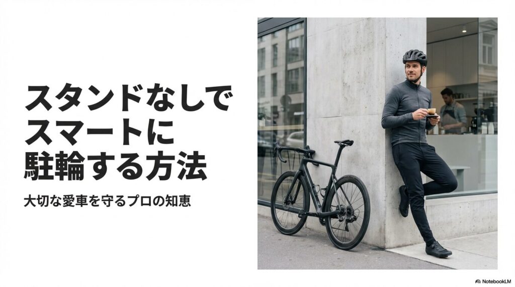 カフェの前でロードバイクを壁に立てかけ、コーヒーを飲むスマートなサイクリストの画像。