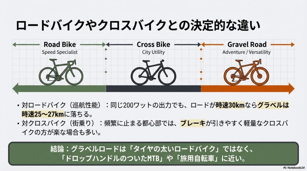 スピード専門のロード、街乗りのクロス、多目的・冒険のグラベルロードの形状と巡航性能の差を比較したイラスト。