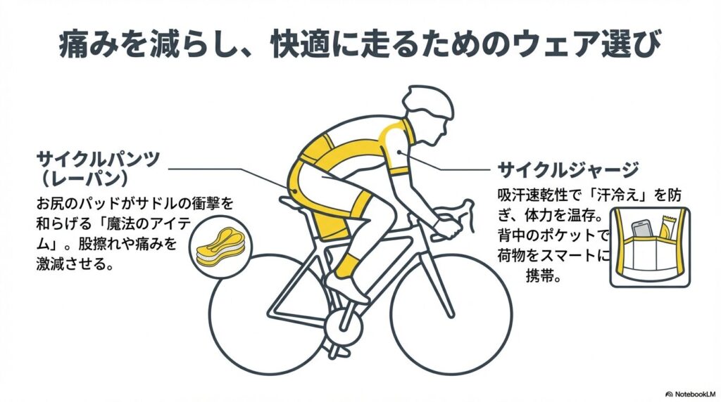 サイクルパンツの衝撃吸収パッドや、サイクルジャージの吸汗速乾性、背面ポケットの利便性を解説するイラスト。