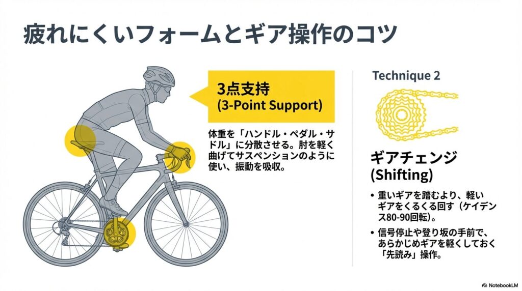 ハンドル・サドル・ペダルへの体重分散（3点支持）と、軽いギアでケイデンス80-90回転を維持するコツを説明した図解。