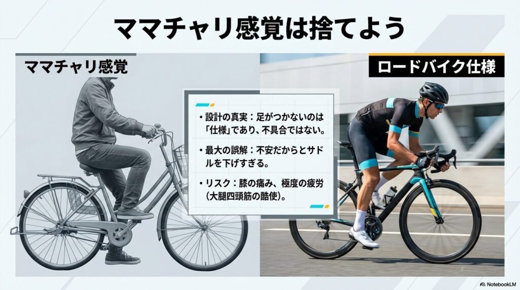 足がつかないのはロードバイクの「仕様」であり、下げすぎると膝の痛みや疲労の原因になることを説明する比較図
