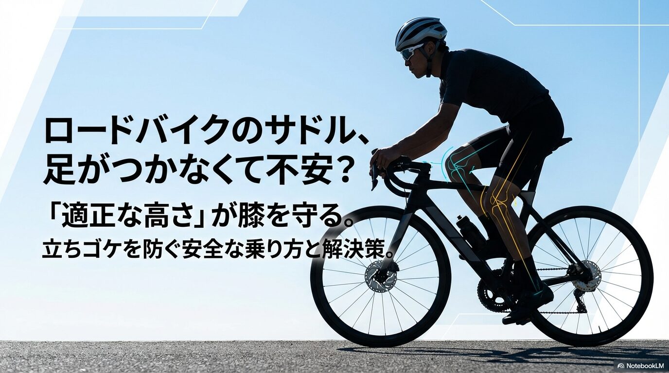 ロードバイクのサドルで足がつかない不安を解消し、膝を守る高さと安全な乗り方を解説するスライドの表紙