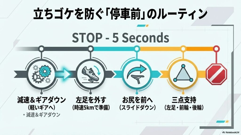 停車5秒前からの減速、ギアダウン、お尻を前へ出すスライドダウン、三点支持までの動作フロー