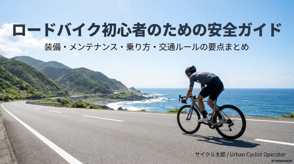 海岸沿いの道を走行するロードバイクの画像と共に、初心者向けの安全、装備、メンテナンス、交通ルールの要点をまとめたタイトル。