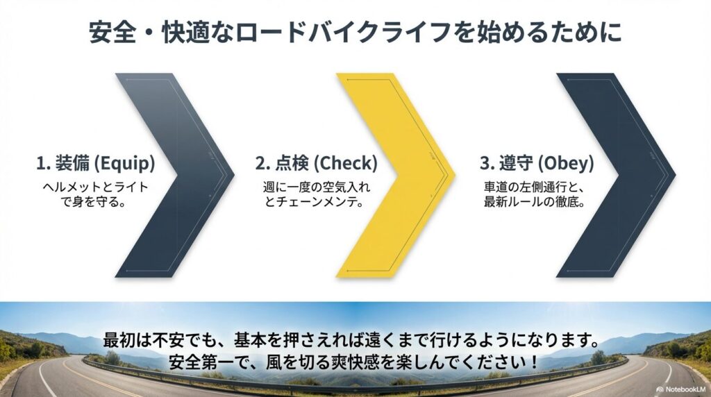 装備、点検、遵守の3つの重要事項を振り返り、安全第一でロードバイクを楽しむための要約スライド。