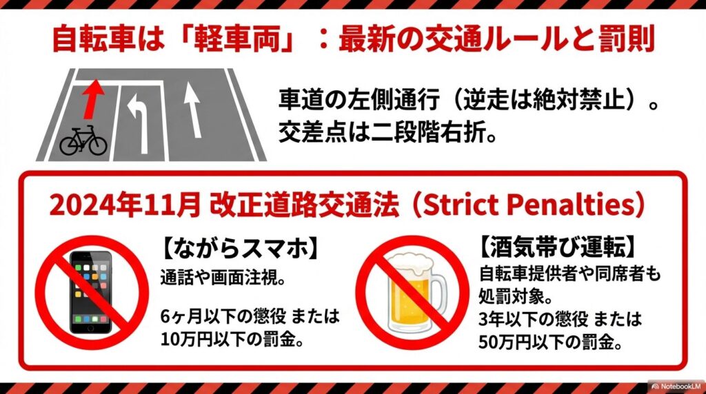 車道の左側通行、二段階右折、および「ながらスマホ」や「酒気帯び運転」に対する最新の厳罰規定を説明する交通ルール図。