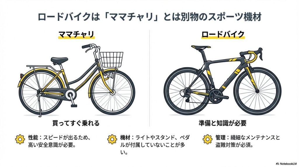 一般的な自転車（ママチャリ）とロードバイクを比較し、ロードバイクには高い安全意識、専用機材の準備、繊細なメンテナンスが必要であることを説明する図解。