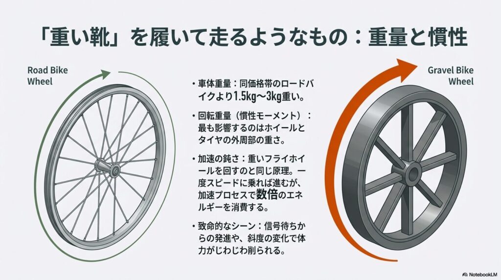 細いロードバイクのホイールと太く重いグラベルロードのホイールを比較し、加速にエネルギーが必要な理由を解説する図解。