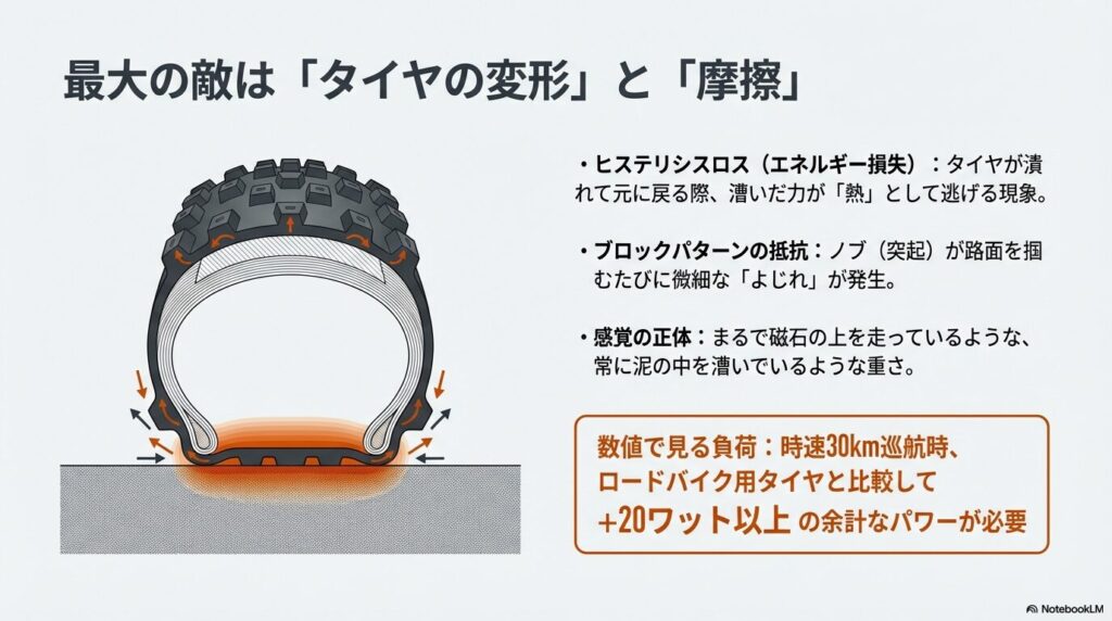 グラベルタイヤが路面で変形し、漕ぐ力が熱として逃げるヒステリシスロスとブロックパターンの抵抗を示す断面図。
