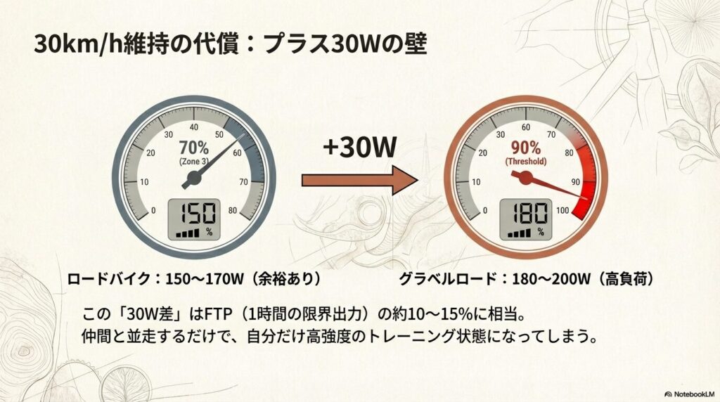時速 $30km/h$ 維持に必要なワット数の比較。ロードバイクの $150\sim170W$ に対し、グラベルロードは $180\sim200W$ 必要であることを示すメーター図