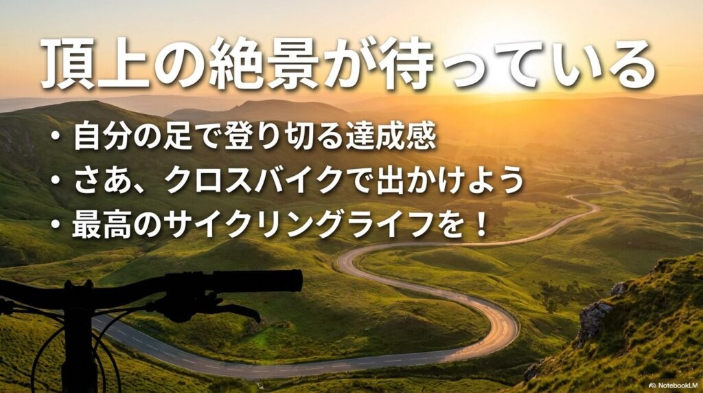 自分の足で登り切った達成感と頂上の絶景。最高なサイクリングライフへのエール。