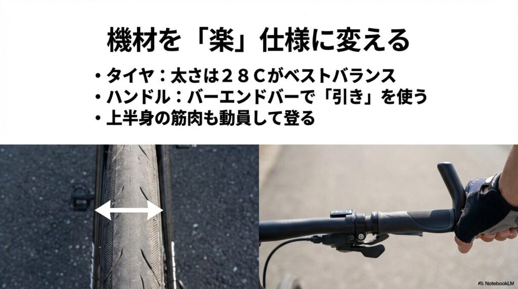 28Cサイズのタイヤとバーエンドバーの活用により、上半身の筋肉も動員して登る機材構成の紹介。