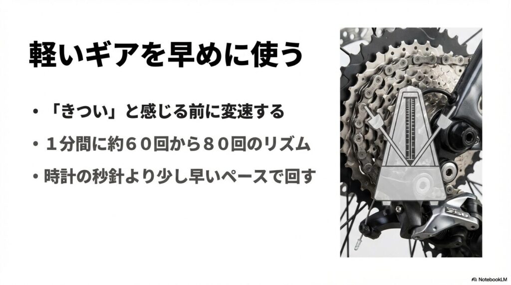 1分間に約60〜80回のリズムでペダルを回すイメージ。きついと感じる前に軽いギアへ変速するコツ。