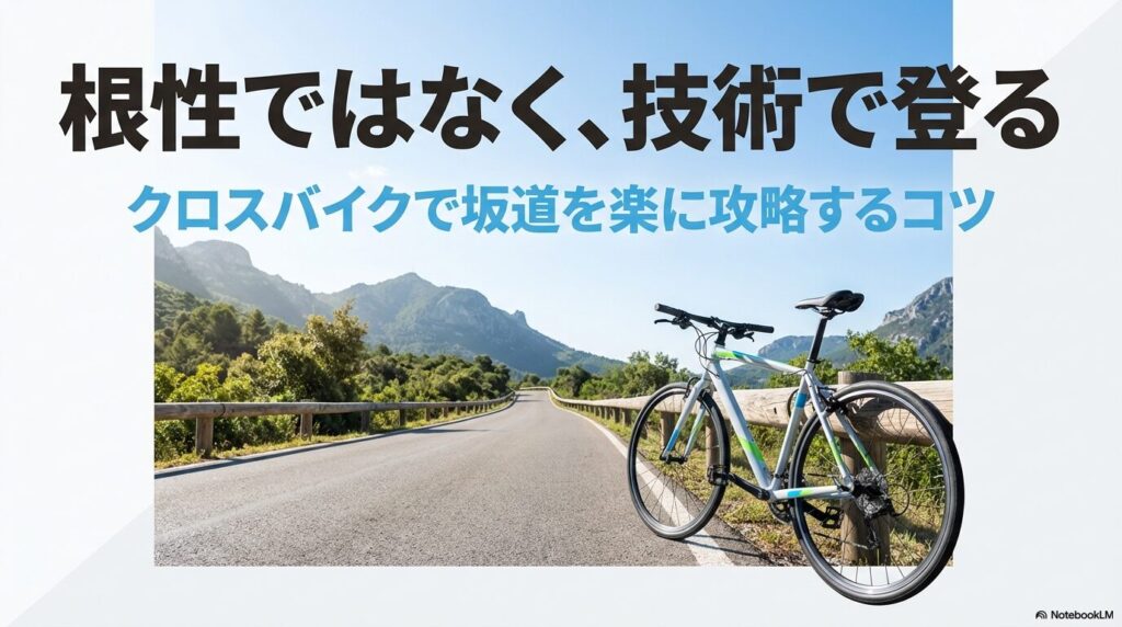 クロスバイクで坂道を楽に攻略するコツを解説したスライドのタイトル。根性ではなく技術で登るというキャッチコピー。