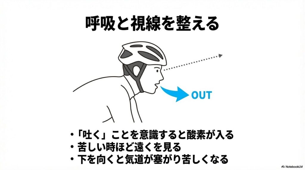 苦しい時ほど遠くを見て気道を確保し、吐くことを意識して酸素を効率的に取り入れる方法。