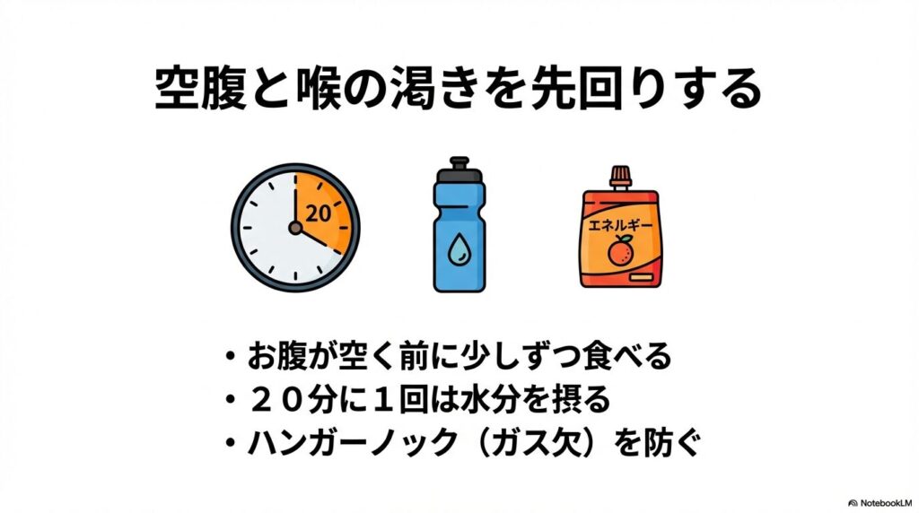 20分に1回の水分補給とお腹が空く前のエネルギー補給でハンガーノック(ガス欠)を防ぐ管理法。
