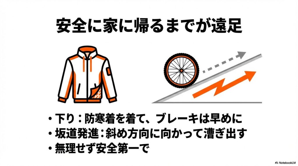 下り坂での防寒着着用と早めのブレーキ、急坂での斜め方向への漕ぎ出しによる安全対策。