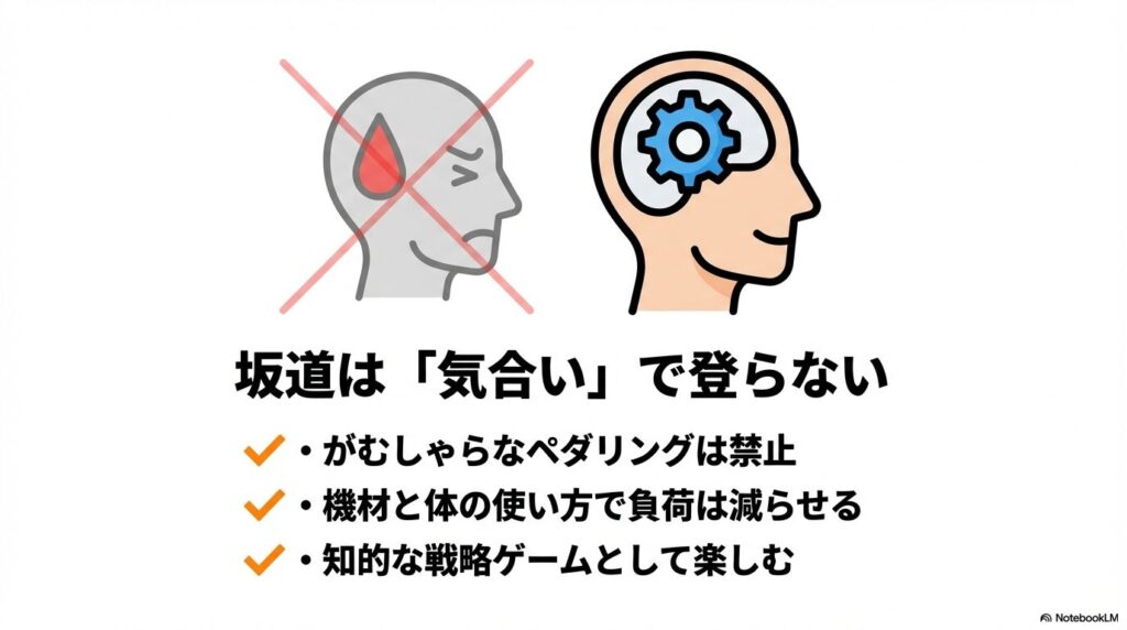 坂道は気合いで登らず、機材と体の使い方で負荷を減らす知的な戦略ゲームとして楽しむという解説。